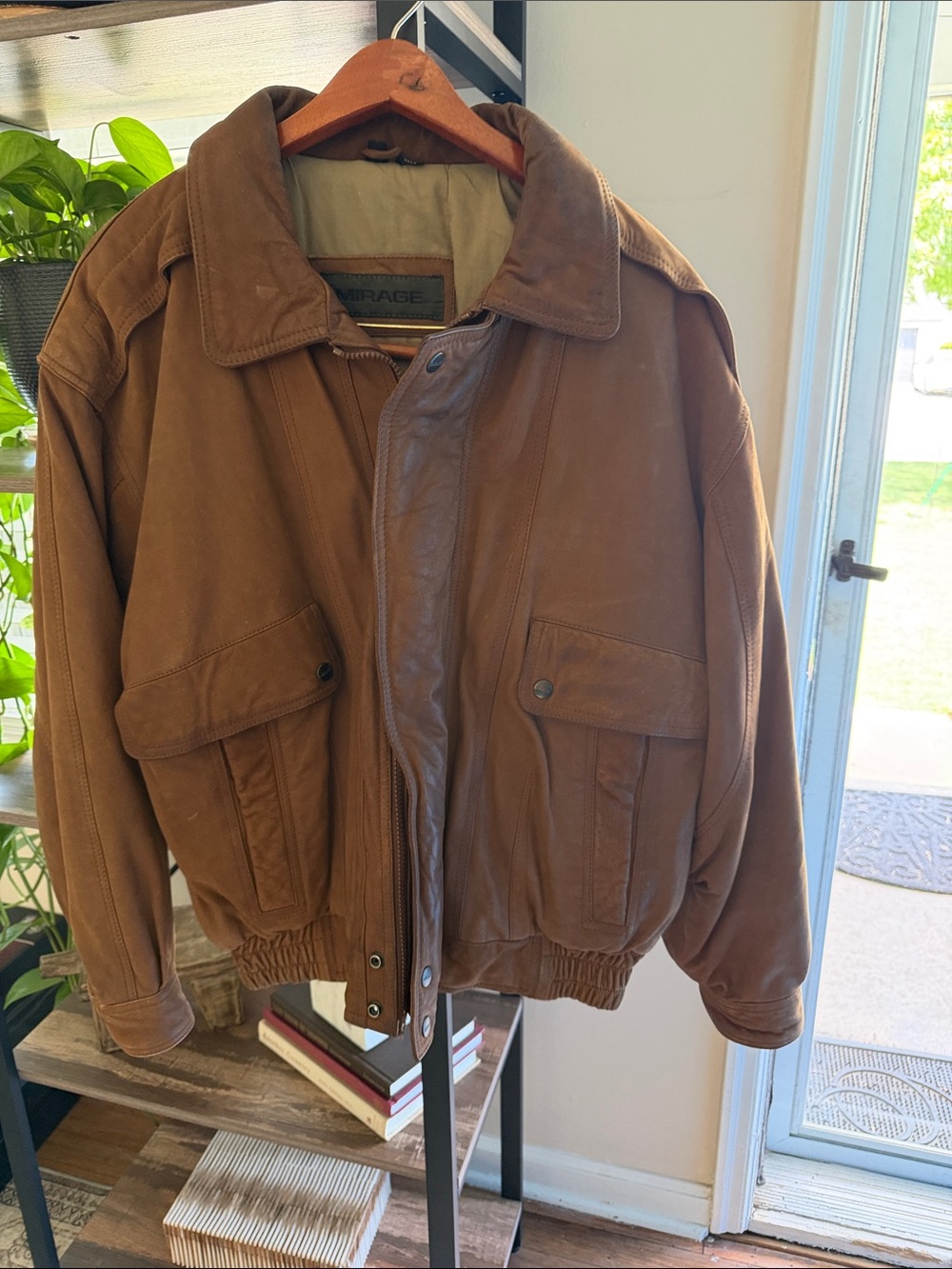 Men's Brown Leather Bomber Jacket with Utility Pockets